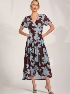 Jolie Moi Occasion Dresses|Floral Dresses-Mesh Short Sleeve Midaxi Dress, Brown Floral