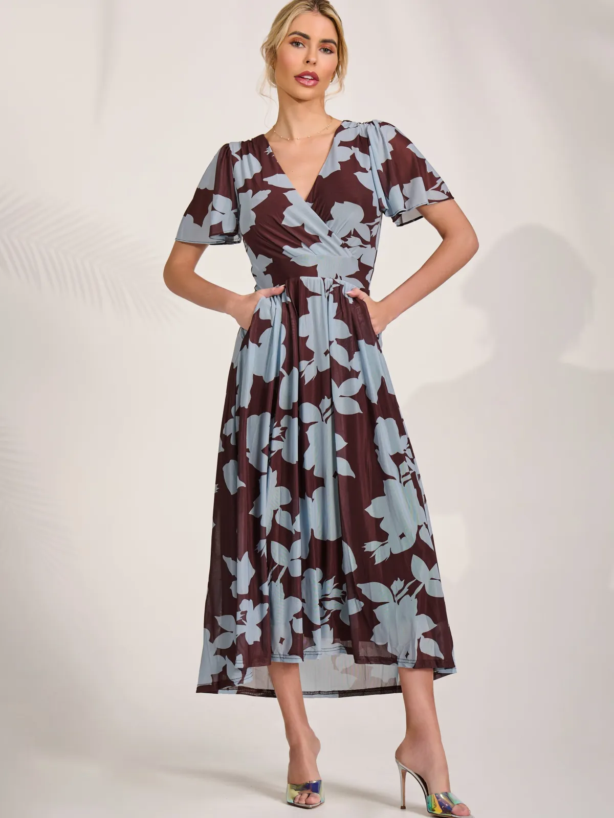 Jolie Moi Occasion Dresses|Floral Dresses-Mesh Short Sleeve Midaxi Dress, Brown Floral
