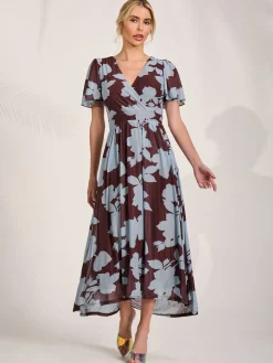 Jolie Moi Occasion Dresses|Floral Dresses-Mesh Short Sleeve Midaxi Dress, Brown Floral