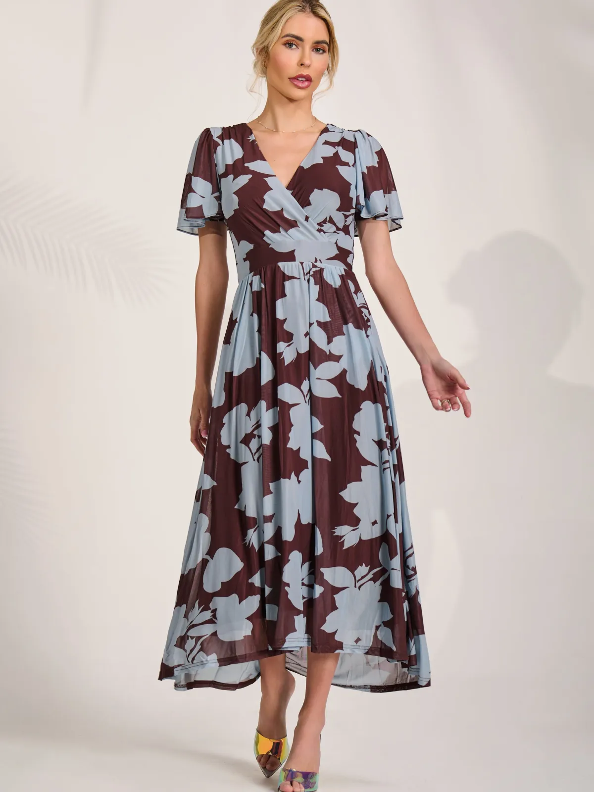 Jolie Moi Occasion Dresses|Floral Dresses-Mesh Short Sleeve Midaxi Dress, Brown Floral