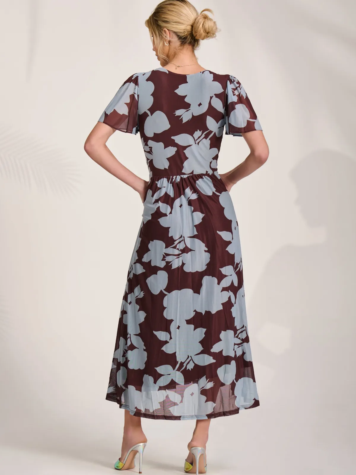 Jolie Moi Occasion Dresses|Floral Dresses-Mesh Short Sleeve Midaxi Dress, Brown Floral