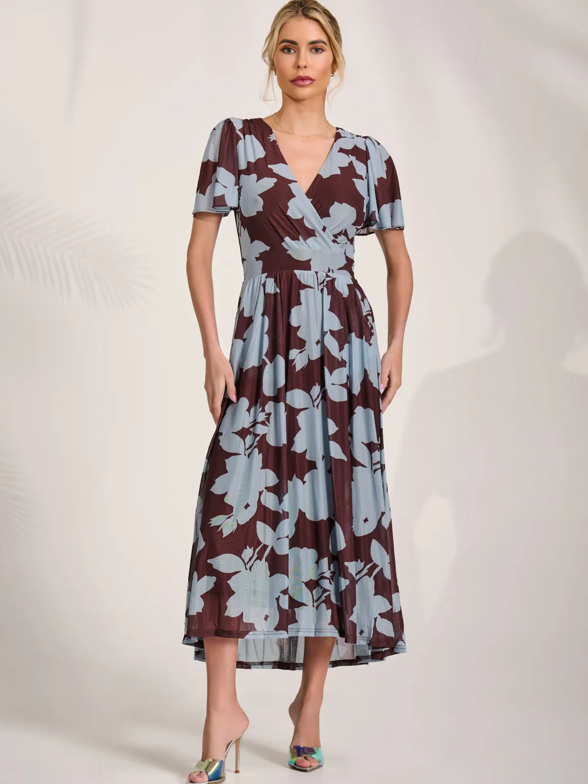 Jolie Moi Occasion Dresses|Floral Dresses-Mesh Short Sleeve Midaxi Dress, Brown Floral