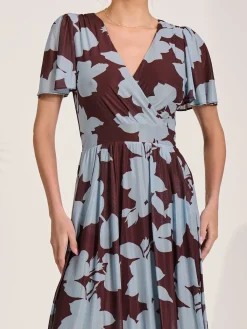 Jolie Moi Occasion Dresses|Floral Dresses-Mesh Short Sleeve Midaxi Dress, Brown Floral