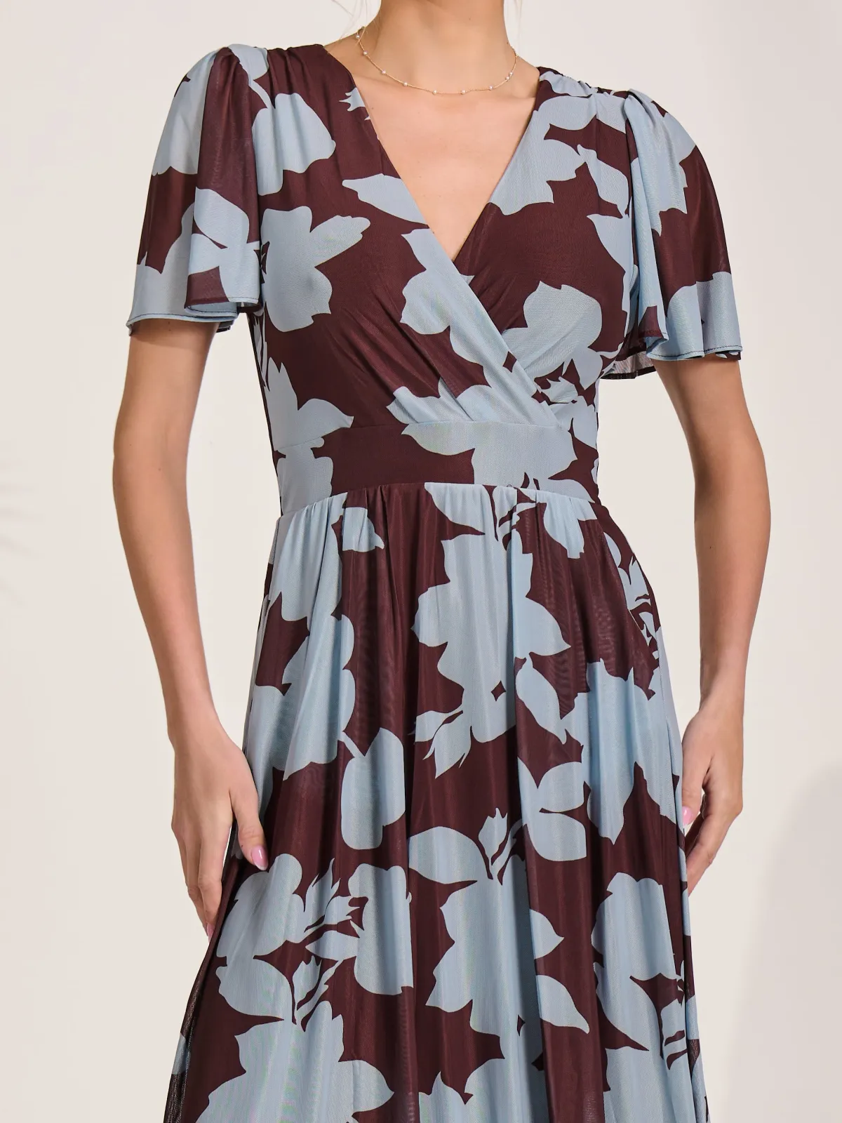 Jolie Moi Occasion Dresses|Floral Dresses-Mesh Short Sleeve Midaxi Dress, Brown Floral