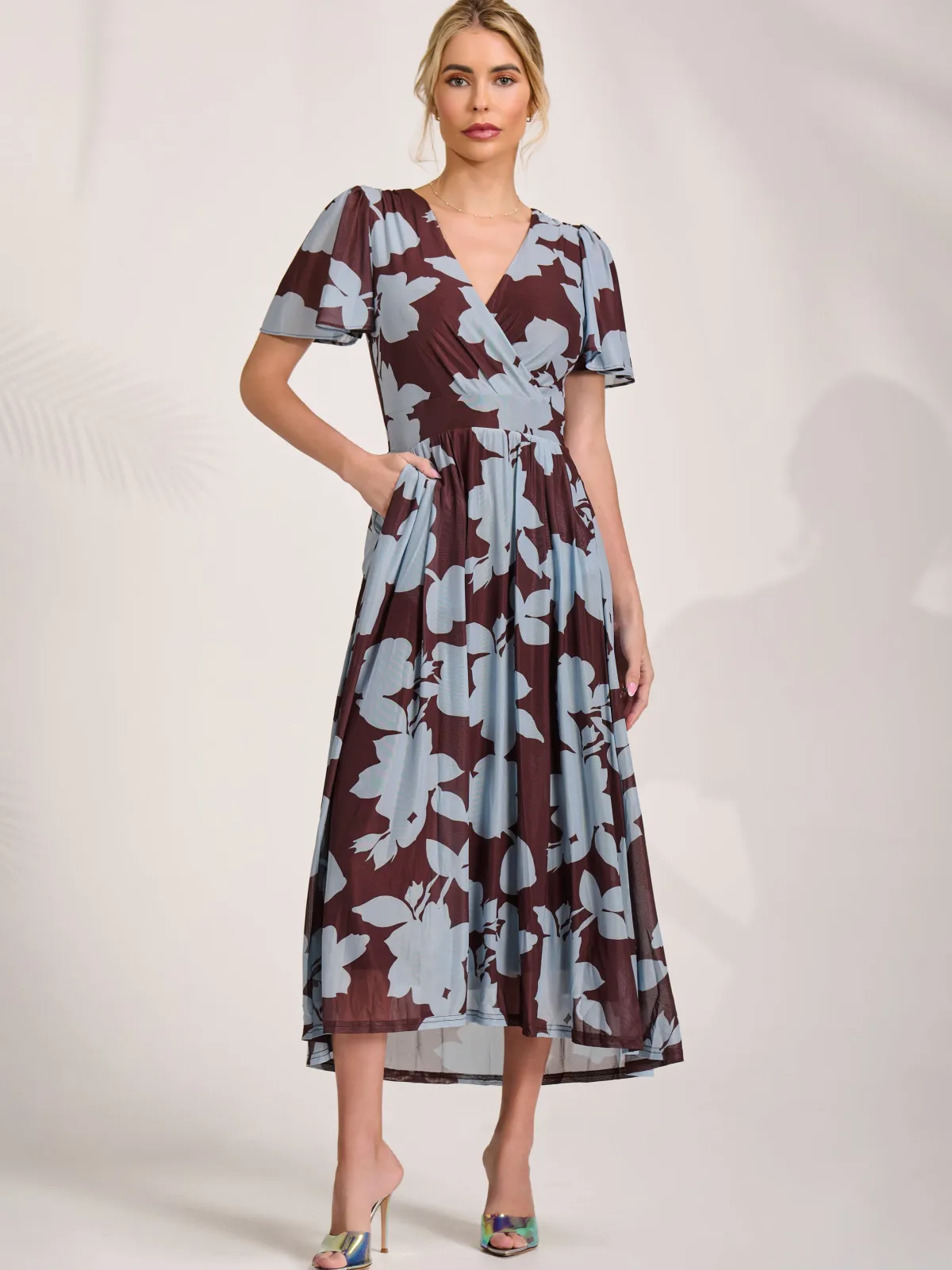 Jolie Moi Occasion Dresses|Floral Dresses-Mesh Short Sleeve Midaxi Dress, Brown Floral