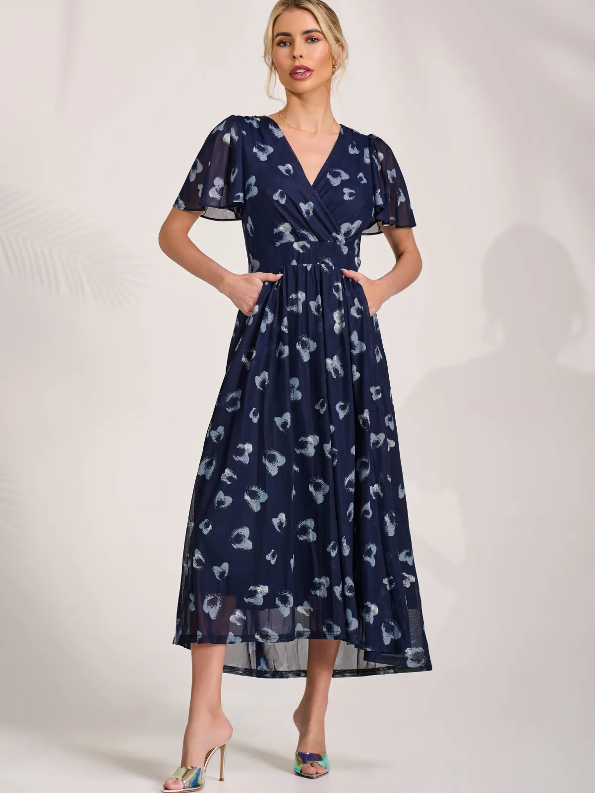 Jolie Moi Office Wear|Occasion Dresses-Mesh Short Sleeve Midaxi Dress, Navy Abstract