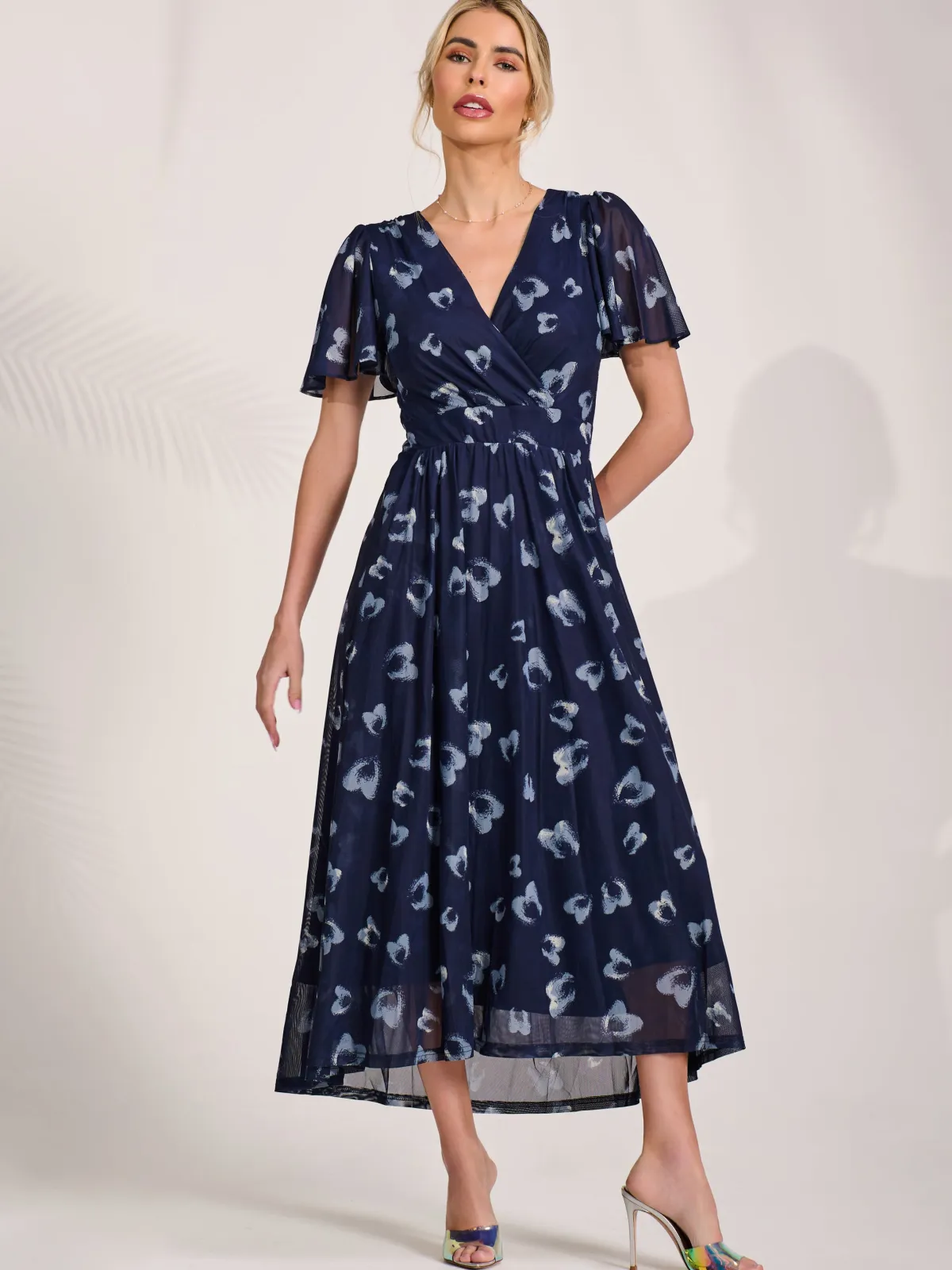 Jolie Moi Office Wear|Occasion Dresses-Mesh Short Sleeve Midaxi Dress, Navy Abstract