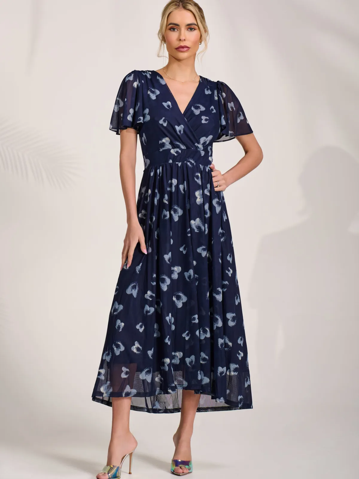 Jolie Moi Office Wear|Occasion Dresses-Mesh Short Sleeve Midaxi Dress, Navy Abstract