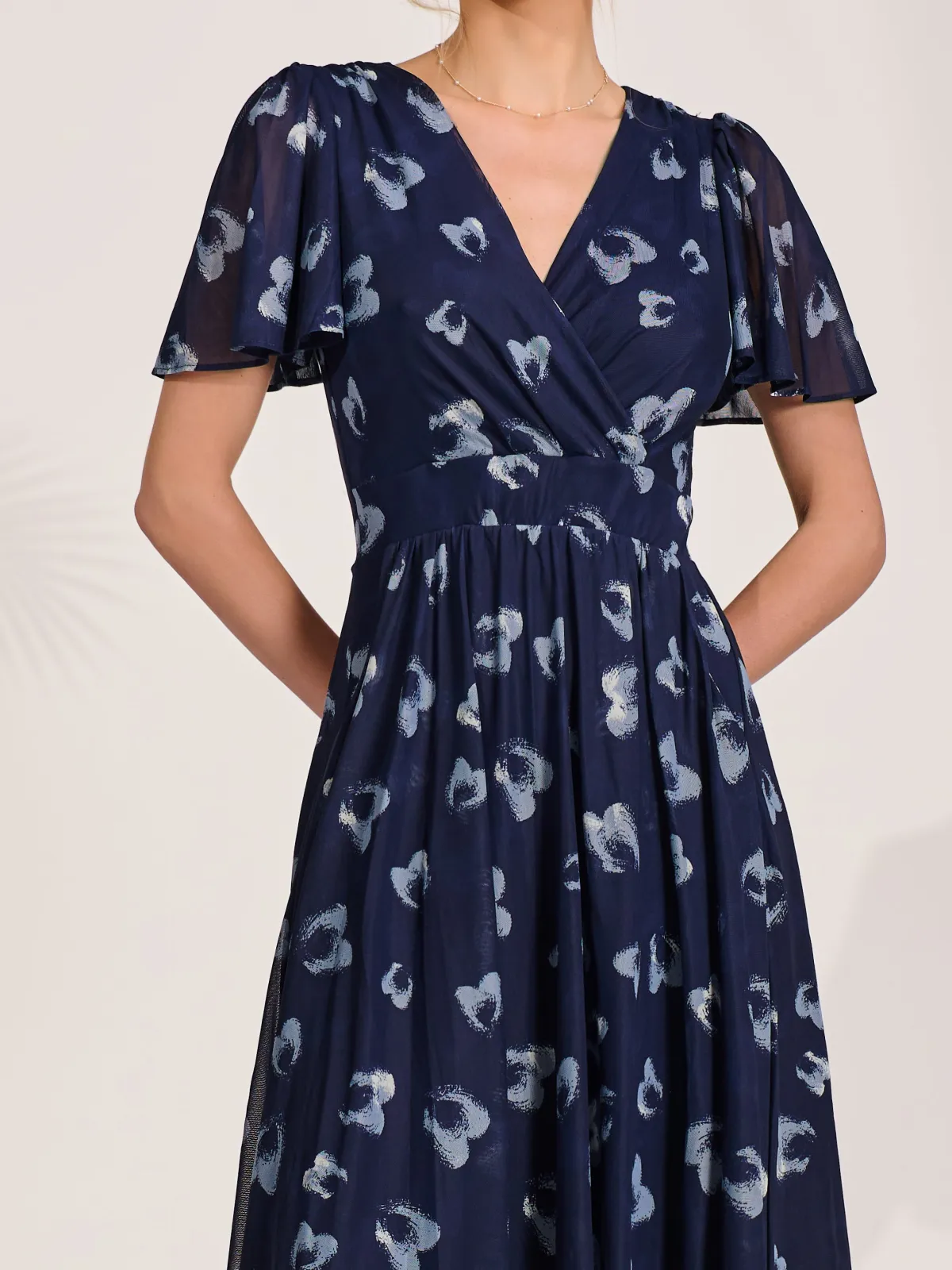 Jolie Moi Office Wear|Occasion Dresses-Mesh Short Sleeve Midaxi Dress, Navy Abstract