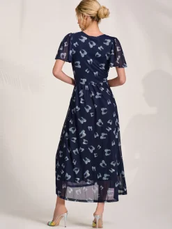 Jolie Moi Office Wear|Occasion Dresses-Mesh Short Sleeve Midaxi Dress, Navy Abstract
