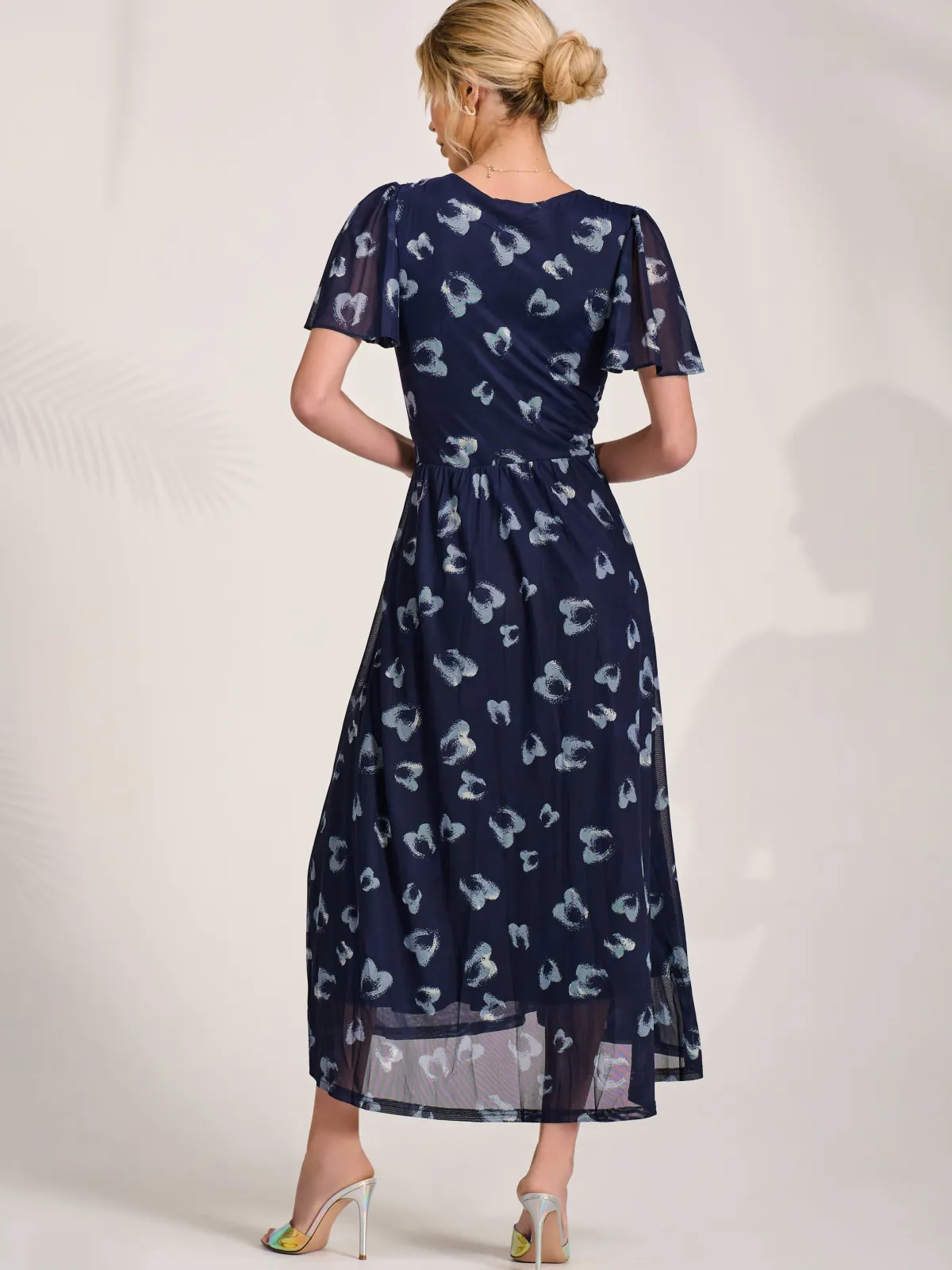 Jolie Moi Office Wear|Occasion Dresses-Mesh Short Sleeve Midaxi Dress, Navy Abstract