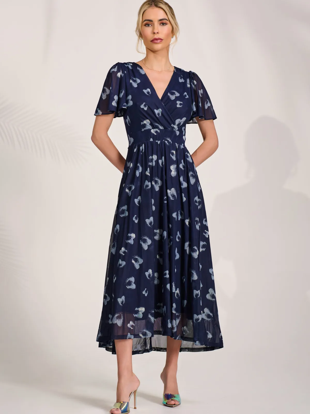 Jolie Moi Office Wear|Occasion Dresses-Mesh Short Sleeve Midaxi Dress, Navy Abstract