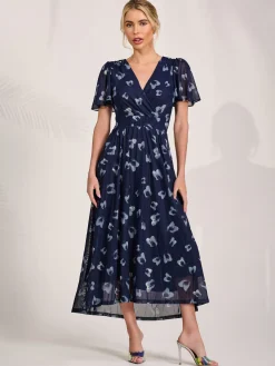 Jolie Moi Office Wear|Occasion Dresses-Mesh Short Sleeve Midaxi Dress, Navy Abstract