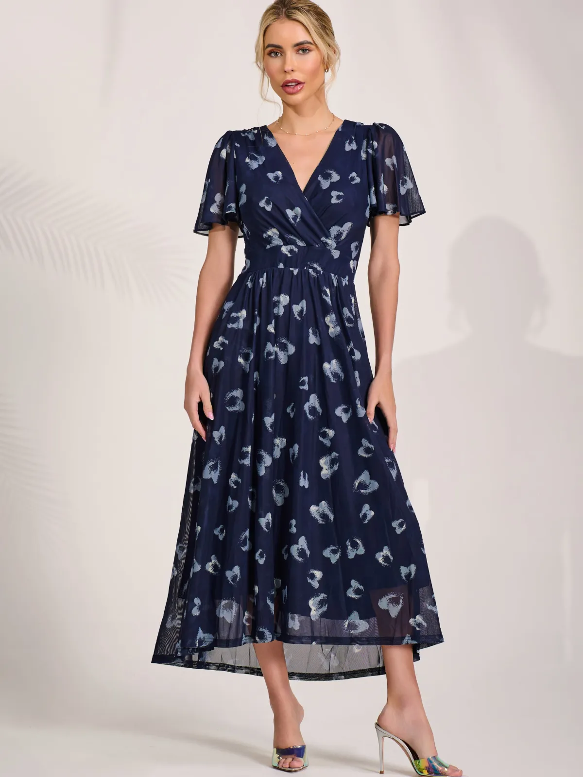 Jolie Moi Office Wear|Occasion Dresses-Mesh Short Sleeve Midaxi Dress, Navy Abstract
