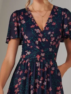 Jolie Moi Mother Of The Bride|Occasion Dresses-Mesh Short Sleeve Midaxi Dress, Navy Floral