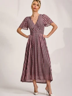 Jolie Moi Occasion Dresses|Maxi Dresses- Mesh Short Sleeve Midaxi Dress,Pink Geo