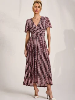 Jolie Moi Occasion Dresses|Maxi Dresses- Mesh Short Sleeve Midaxi Dress,Pink Geo