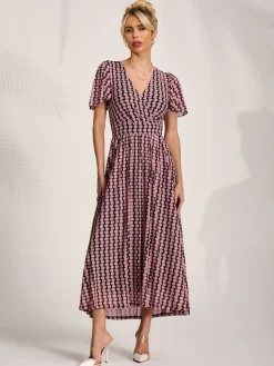 Jolie Moi Occasion Dresses|Maxi Dresses- Mesh Short Sleeve Midaxi Dress,Pink Geo