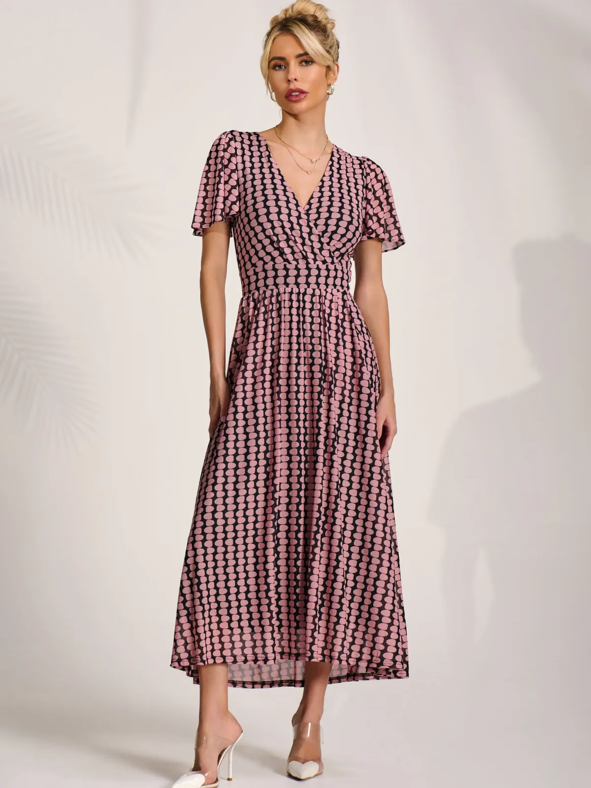 Jolie Moi Occasion Dresses|Maxi Dresses- Mesh Short Sleeve Midaxi Dress,Pink Geo