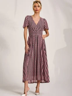 Jolie Moi Occasion Dresses|Maxi Dresses- Mesh Short Sleeve Midaxi Dress,Pink Geo