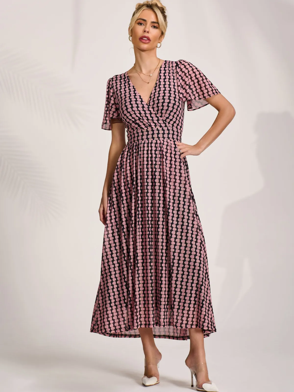 Jolie Moi Occasion Dresses|Maxi Dresses- Mesh Short Sleeve Midaxi Dress,Pink Geo