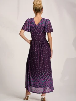 Jolie Moi Occasion Dresses|Mesh Dresses-Mesh Short Sleeve Midaxi Dress, Purple Floral