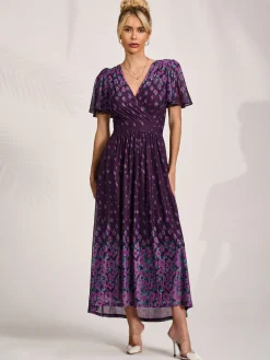 Jolie Moi Occasion Dresses|Mesh Dresses-Mesh Short Sleeve Midaxi Dress, Purple Floral