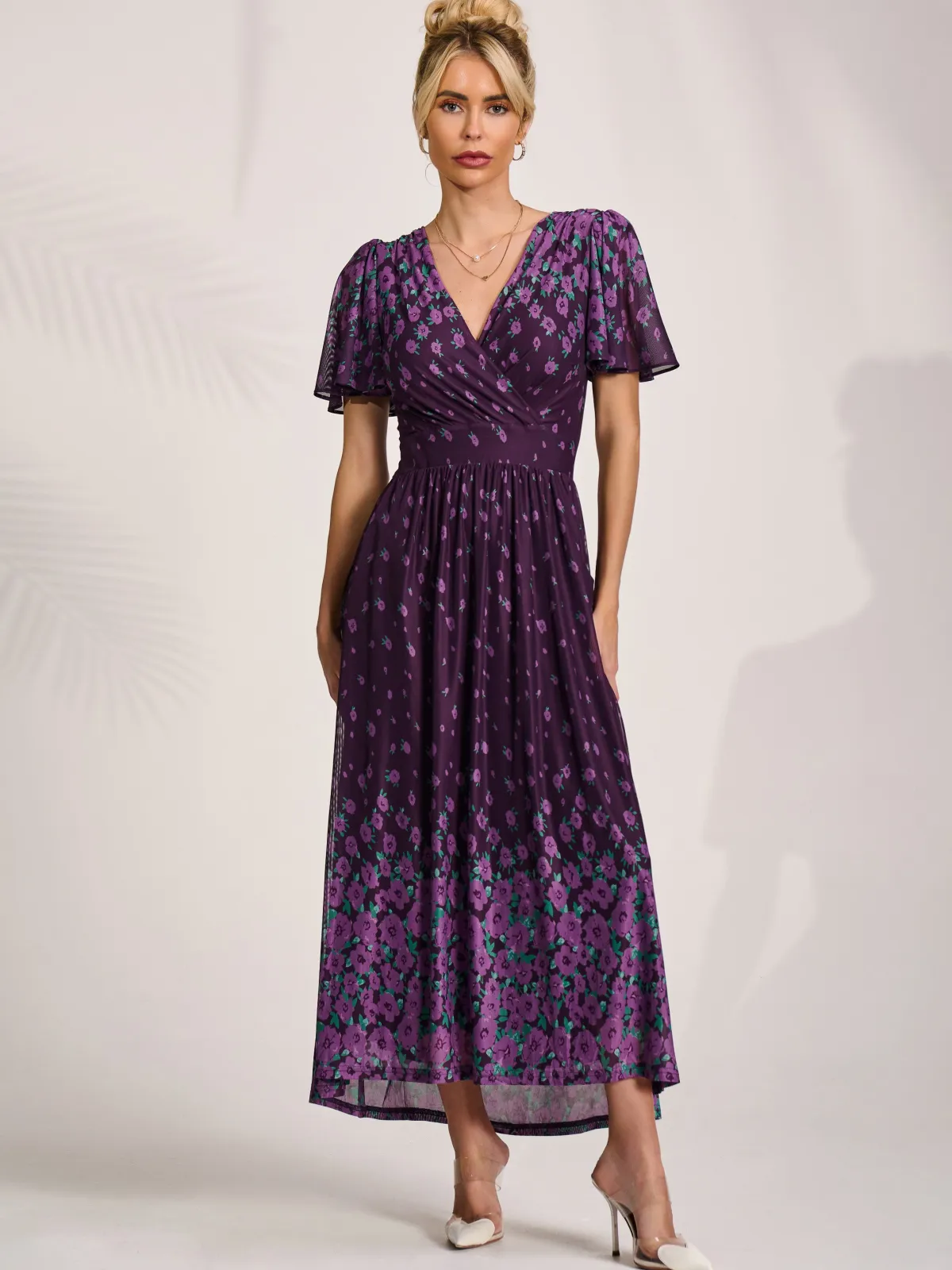 Jolie Moi Occasion Dresses|Mesh Dresses-Mesh Short Sleeve Midaxi Dress, Purple Floral