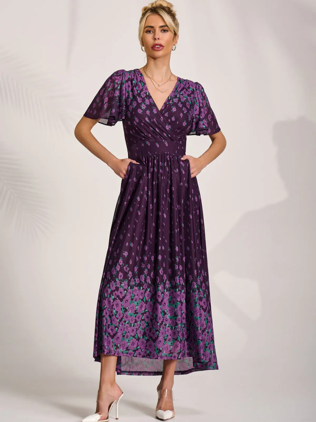 Jolie Moi Occasion Dresses|Mesh Dresses-Mesh Short Sleeve Midaxi Dress, Purple Floral