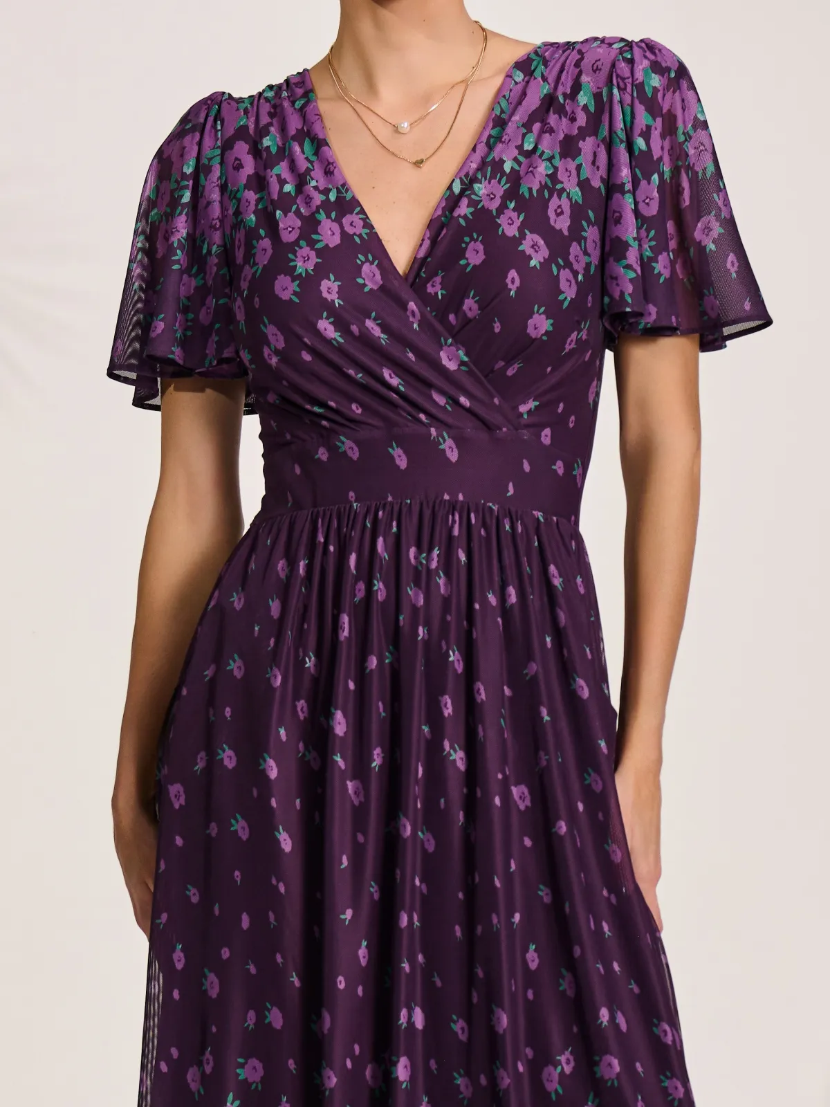 Jolie Moi Occasion Dresses|Mesh Dresses-Mesh Short Sleeve Midaxi Dress, Purple Floral