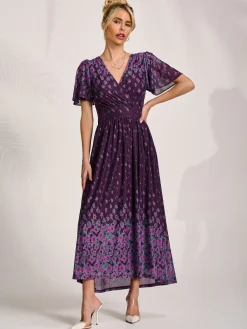 Jolie Moi Occasion Dresses|Mesh Dresses-Mesh Short Sleeve Midaxi Dress, Purple Floral