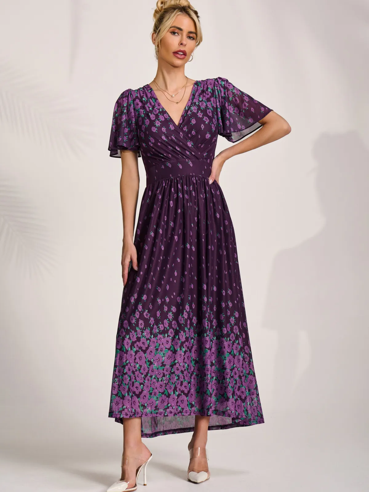 Jolie Moi Occasion Dresses|Mesh Dresses-Mesh Short Sleeve Midaxi Dress, Purple Floral