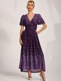 Jolie Moi Occasion Dresses|Mesh Dresses-Mesh Short Sleeve Midaxi Dress, Purple Floral