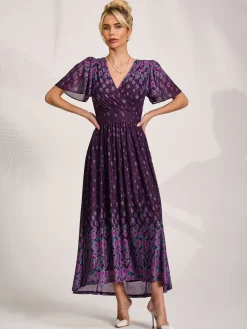 Jolie Moi Occasion Dresses|Mesh Dresses-Mesh Short Sleeve Midaxi Dress, Purple Floral