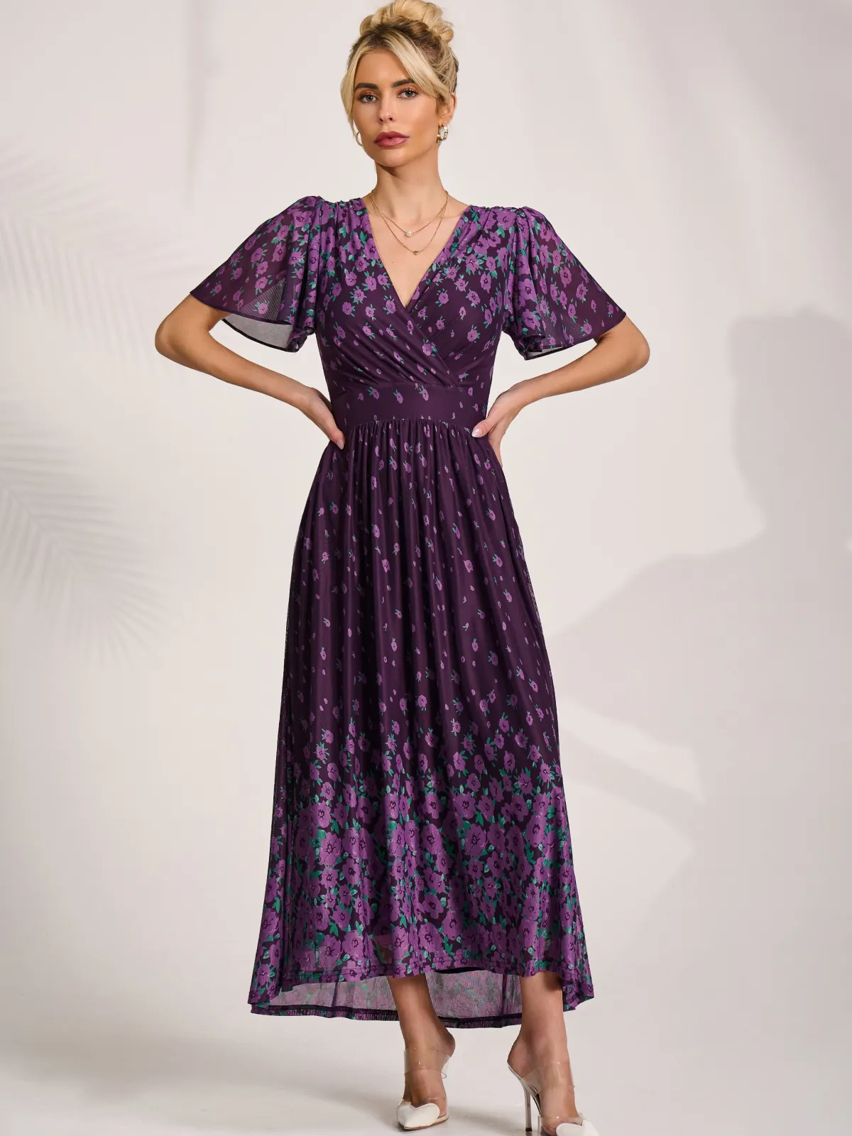 Jolie Moi Occasion Dresses|Mesh Dresses-Mesh Short Sleeve Midaxi Dress, Purple Floral