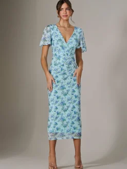 Jolie Moi Occasion Dresses|Floral Dresses-Mesh Short Sleeve Midi Dress, Blue Floral