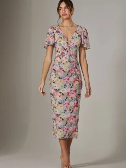 Jolie Moi Occasion Dresses|Floral Dresses-Mesh Short Sleeve Midi Dress, Multi Floral