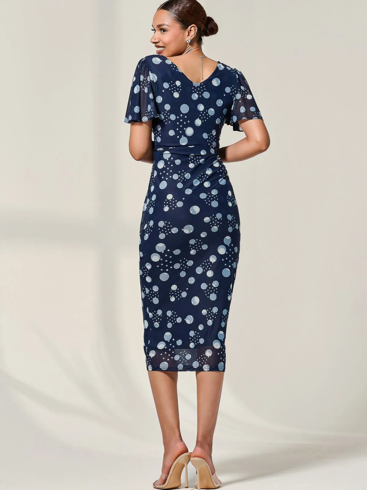 Jolie Moi Occasion Dresses|Wrap Dresses-Mesh Short Sleeve Midi Dress, Navy Spot