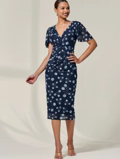 Jolie Moi Occasion Dresses|Wrap Dresses-Mesh Short Sleeve Midi Dress, Navy Spot