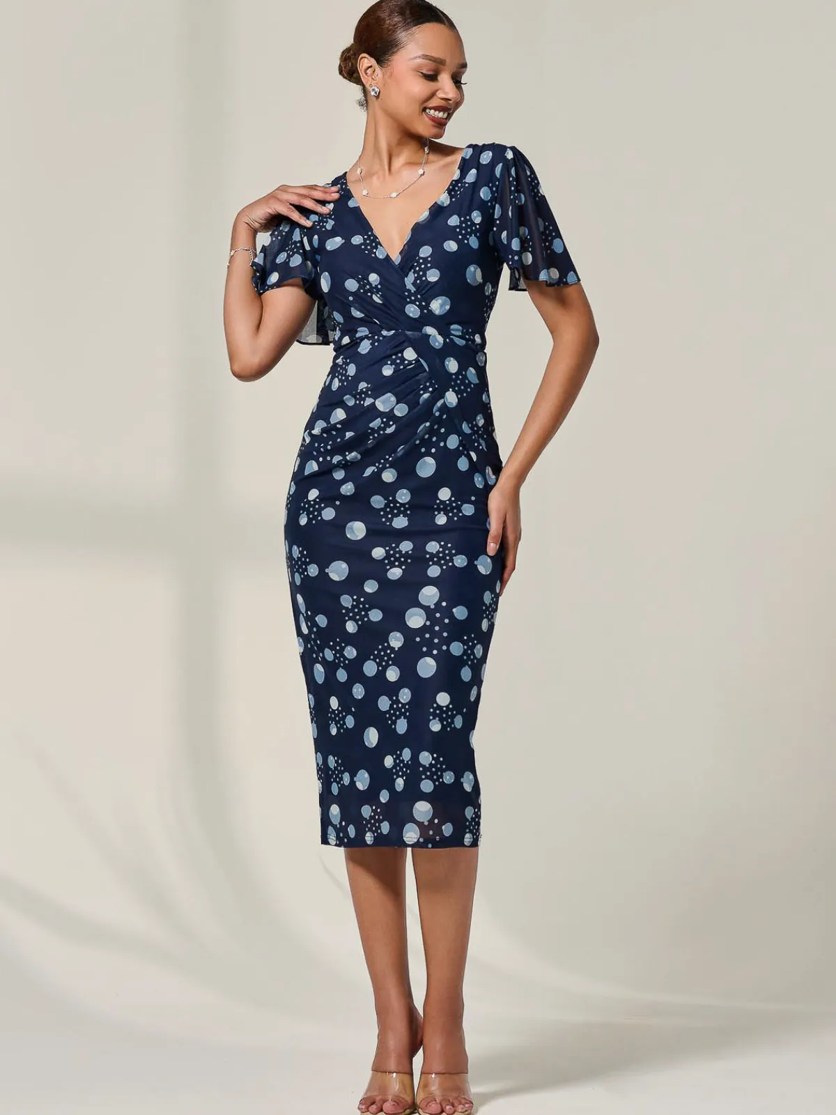 Jolie Moi Occasion Dresses|Wrap Dresses-Mesh Short Sleeve Midi Dress, Navy Spot