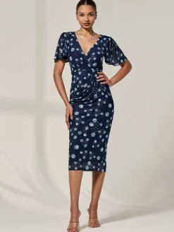 Jolie Moi Occasion Dresses|Wrap Dresses-Mesh Short Sleeve Midi Dress, Navy Spot