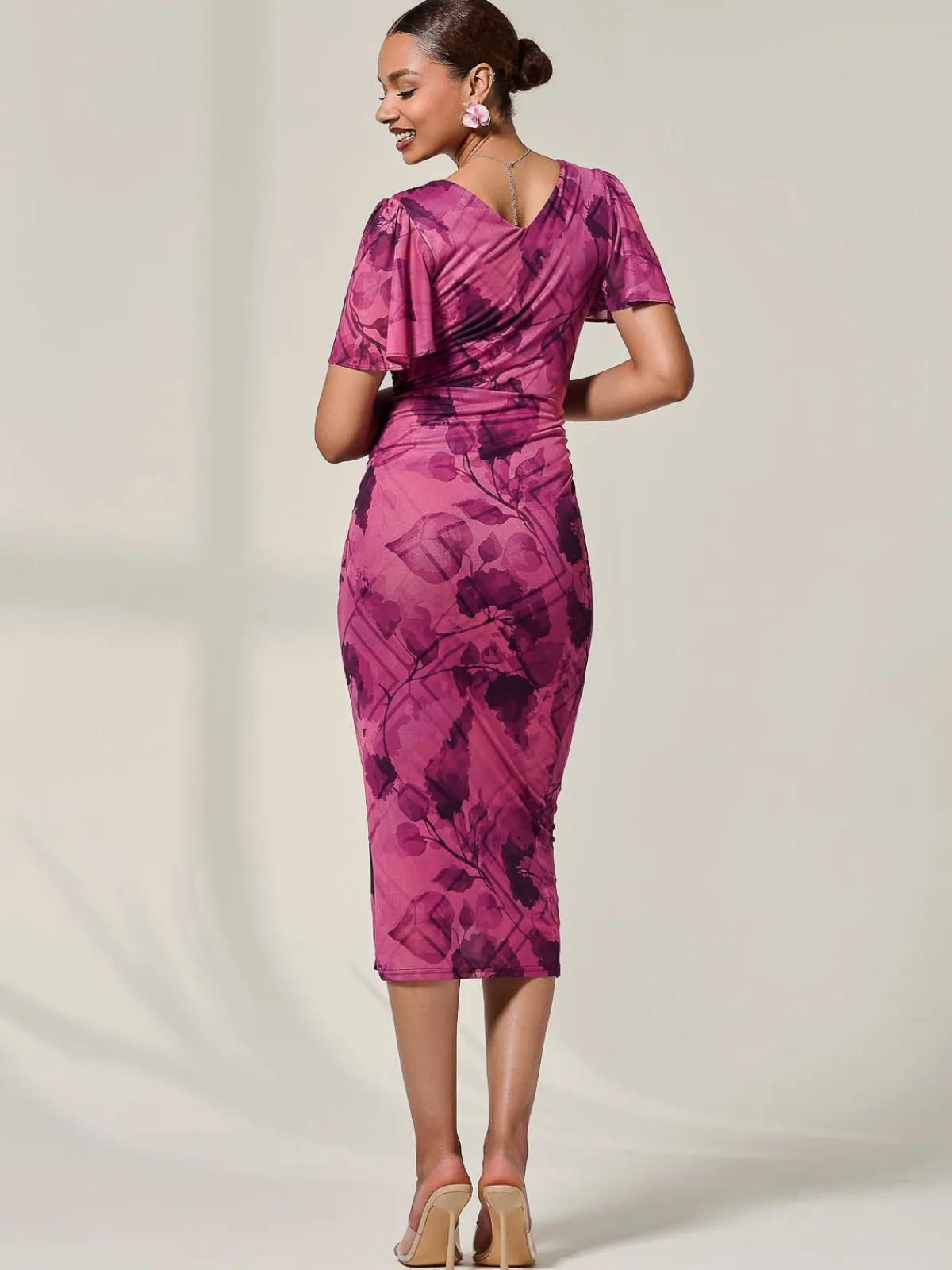 Jolie Moi Occasion Dresses|Wrap Dresses-Mesh Short Sleeve Midi Dress, Purple Abstract