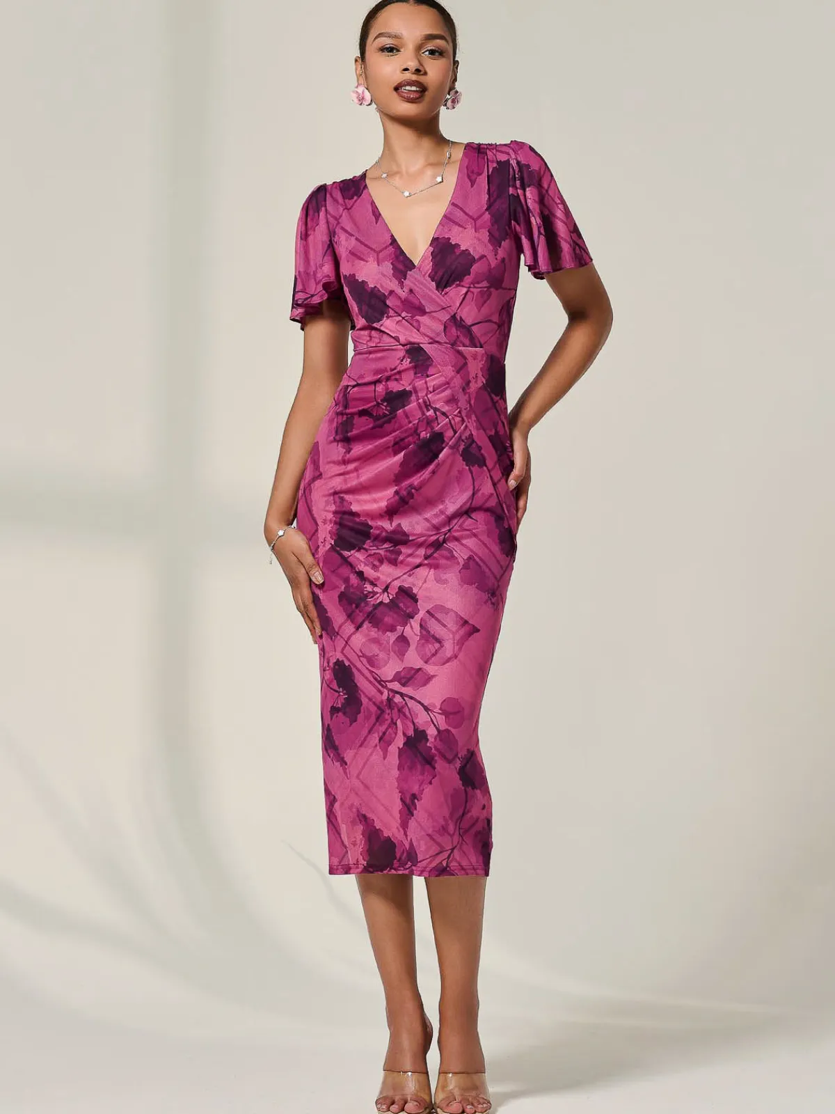 Jolie Moi Occasion Dresses|Wrap Dresses-Mesh Short Sleeve Midi Dress, Purple Abstract