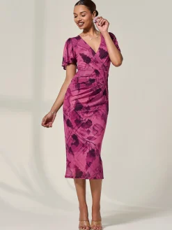 Jolie Moi Occasion Dresses|Wrap Dresses-Mesh Short Sleeve Midi Dress, Purple Abstract