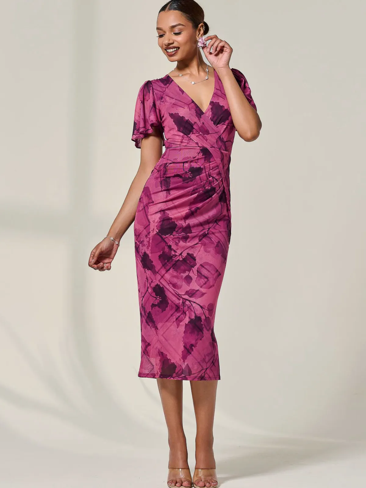 Jolie Moi Occasion Dresses|Wrap Dresses-Mesh Short Sleeve Midi Dress, Purple Abstract
