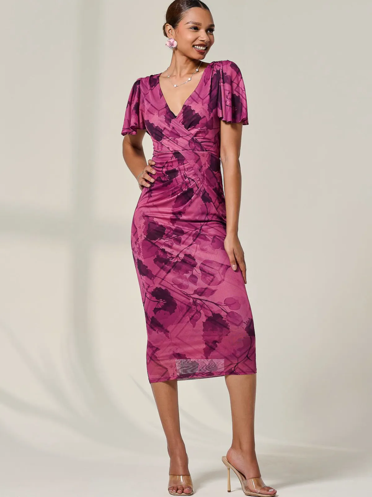 Jolie Moi Occasion Dresses|Wrap Dresses-Mesh Short Sleeve Midi Dress, Purple Abstract
