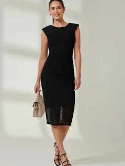 Jolie Moi Occasion Dresses|Office Dresses-Mesh Shoulder Pad Bodycon Midi Dress, Black