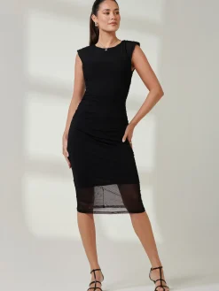 Jolie Moi Occasion Dresses|Office Dresses-Mesh Shoulder Pad Bodycon Midi Dress, Black