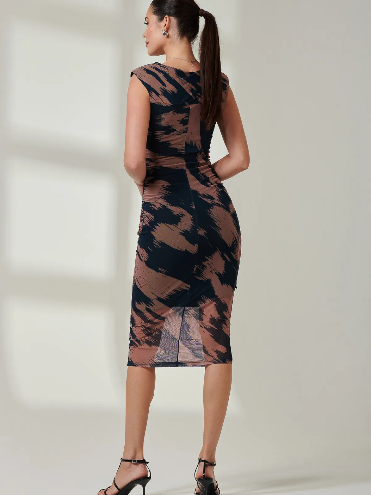 Jolie Moi Occasion Dresses|Sleeveless Dresses-Mesh Shoulder Pad Bodycon Midi Dress, Brown Abstract