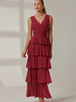 Jolie Moi Occasion Dresses|Wrap Dresses-Mesh Sleeveless Tiered Maxi Dress, Burgundy